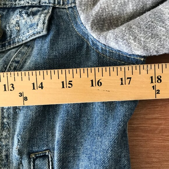 Free People Denim Jacket Women S Blue Hooded Distressed Button Up Long Sleeve - Picture 8 of 13